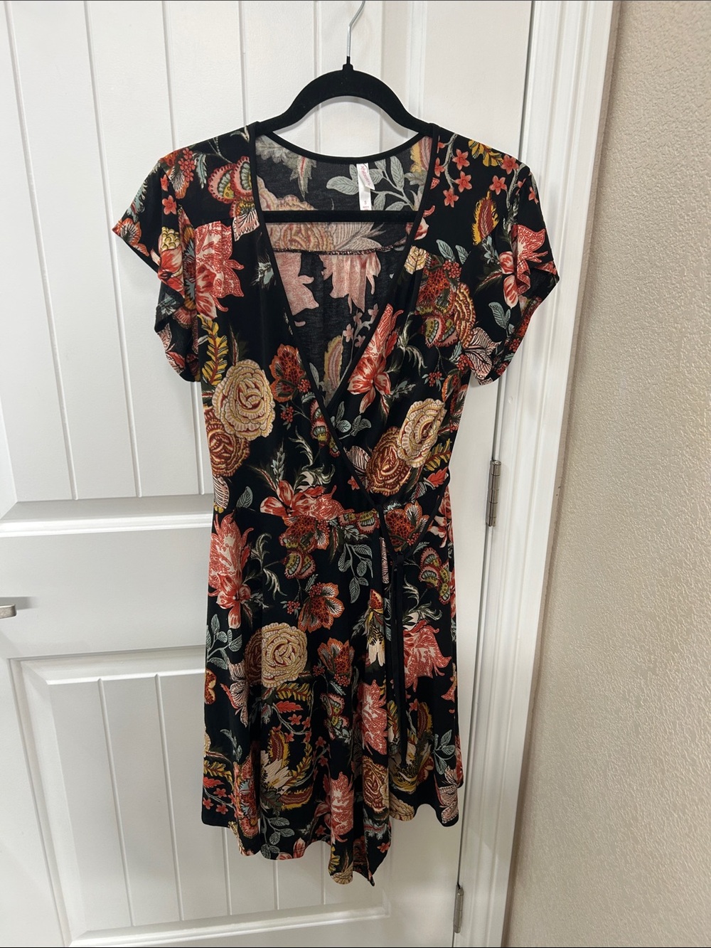 Xhilaration Black Wrap Dress with Rust, Cream & Green Floral Print